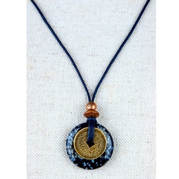 Snowflake Obsidian & Chinese Lucky Coin Necklace | Handmade - Picture 3 of 4